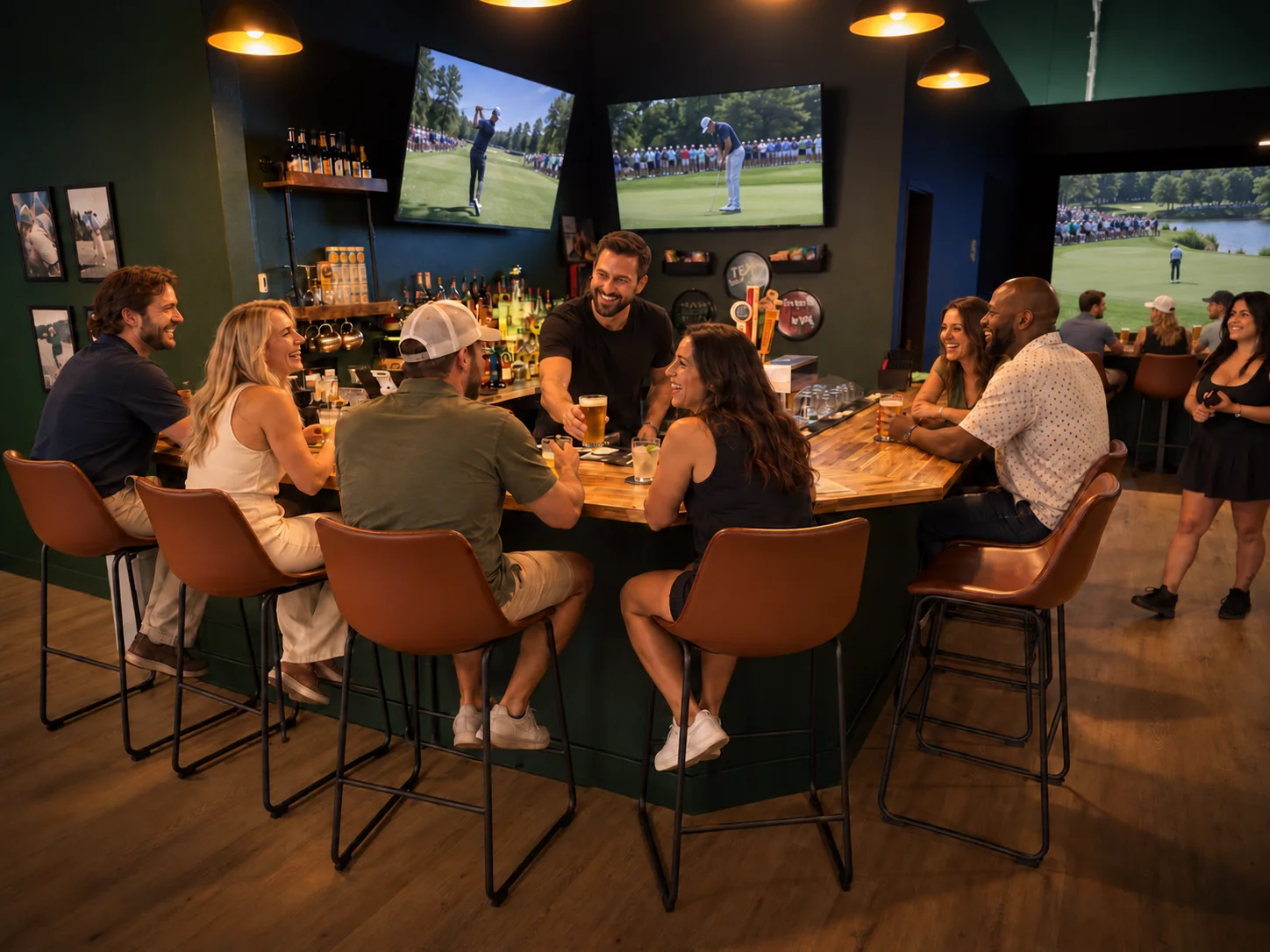 Friends gathering around the bar with a bartender serving a beer