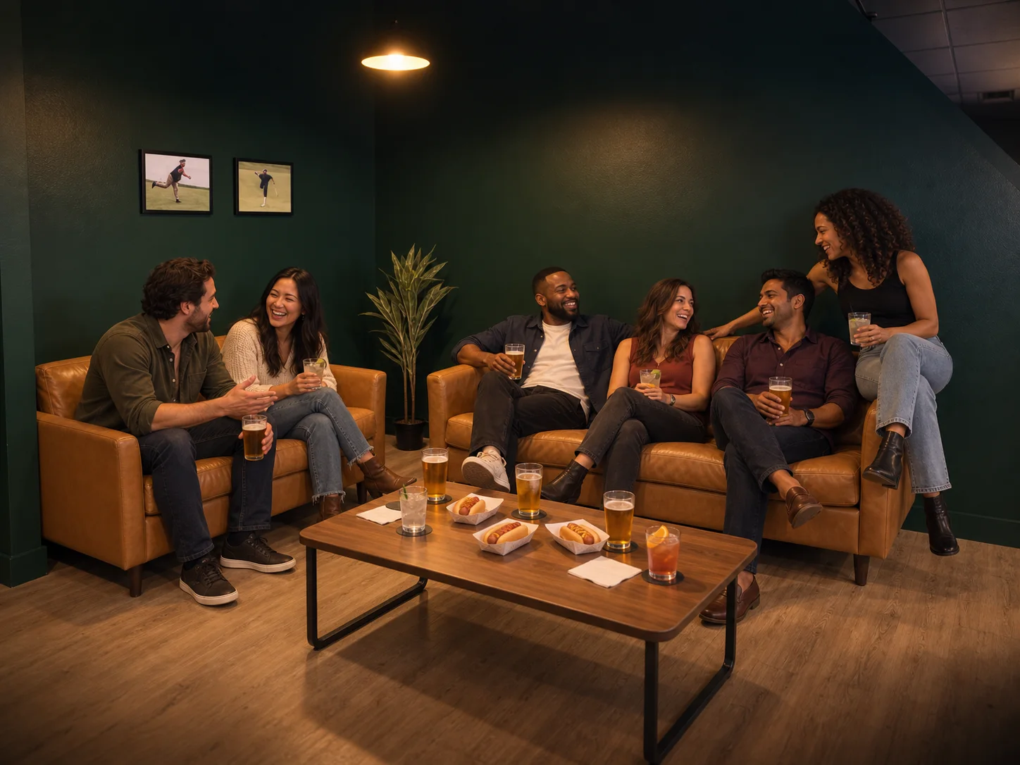 Friends relaxing in the lounge with drinks and hot dogs