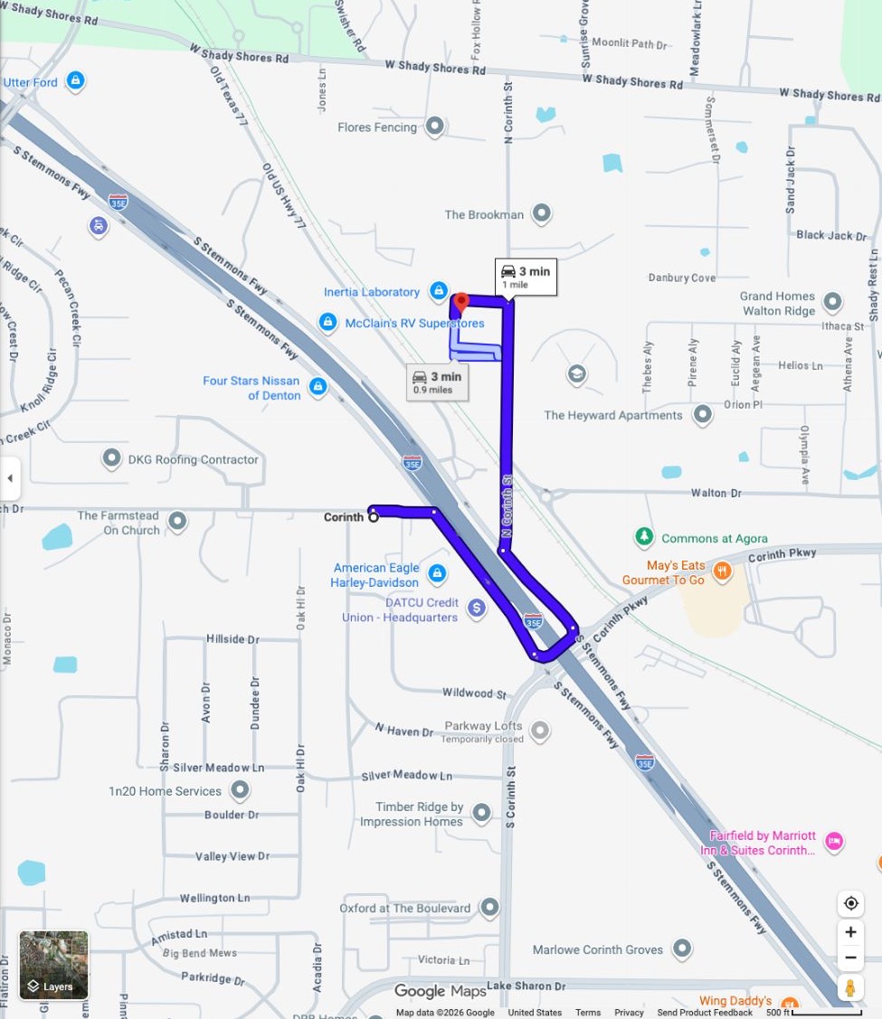 Google Maps example driving route from Corinth, Texas to Texas Golf Social at 1402 N Corinth St, Suite 109, Corinth, with the route line highlighted.