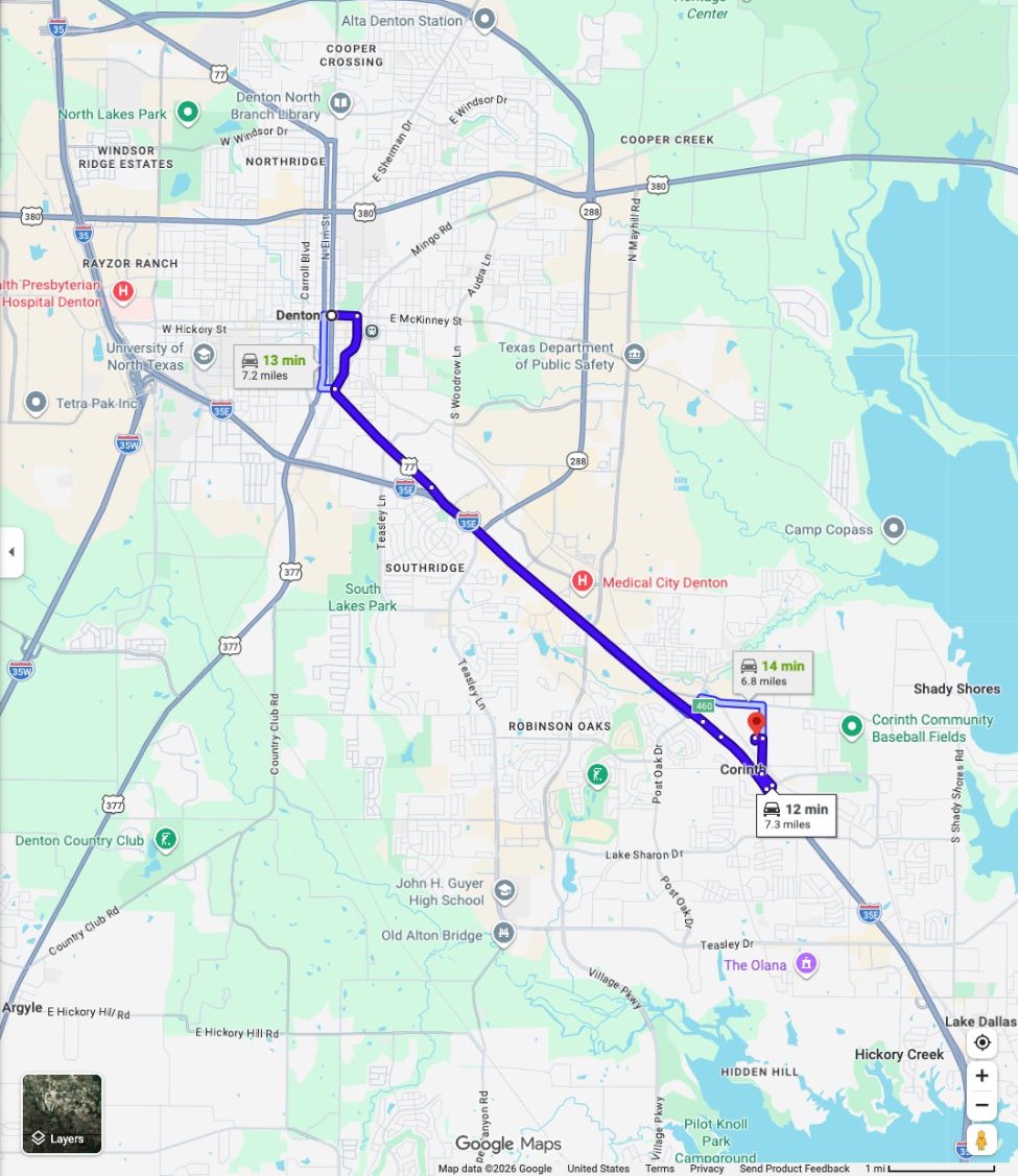 Google Maps example driving route from Denton, Texas to Texas Golf Social at 1402 N Corinth St, Suite 109, Corinth, with the route line highlighted.