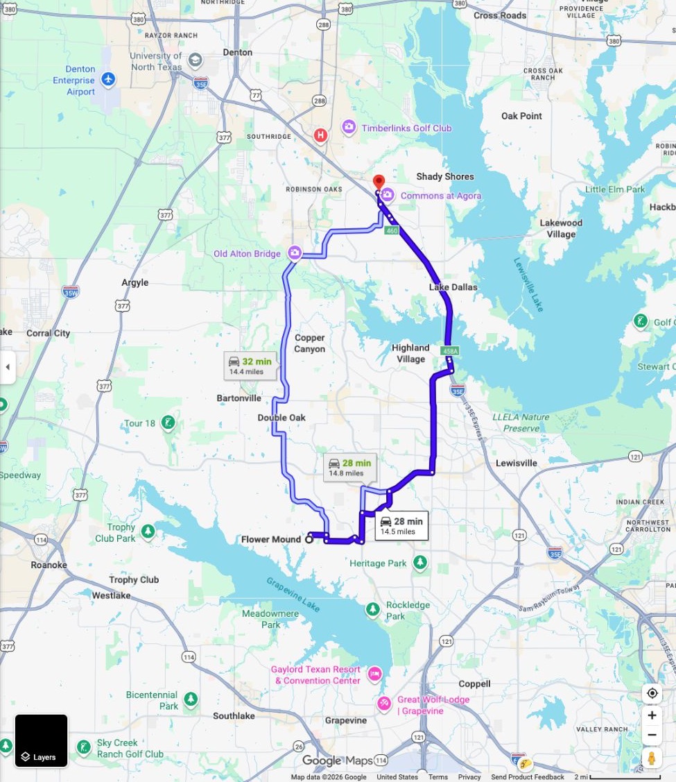 Google Maps example driving route from Flower Mound, Texas to Texas Golf Social at 1402 N Corinth St, Suite 109, Corinth, with the route line highlighted.