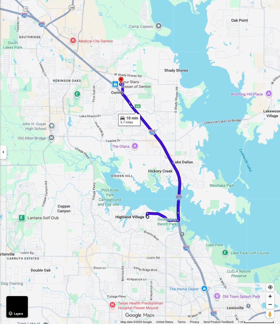 Google Maps example driving route from Highland Village, Texas to Texas Golf Social at 1402 N Corinth St, Suite 109, Corinth, with the route line highlighted.